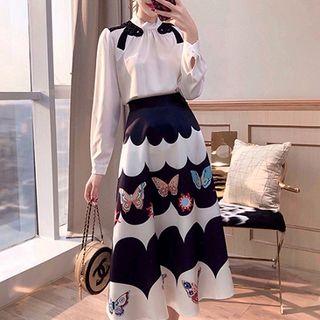 Set: Bow Accent Blouse + Midi A-line Skirt