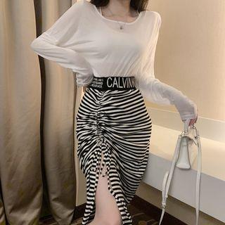 Long-sleeve Plain T-shirt / Lettering Drawstring Skirt