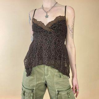 Heart Print Lace Trim Asymmetrical Camisole Top