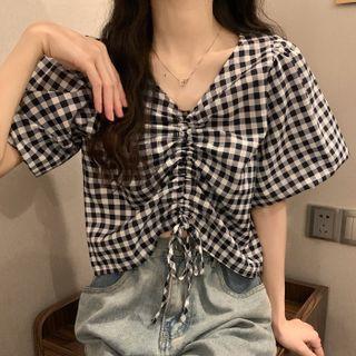 Short-sleeve Gingham Check Drawstring Top