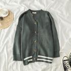 Striped Trim Loose-fit V-neck Cardigan Dark Gray - One Size