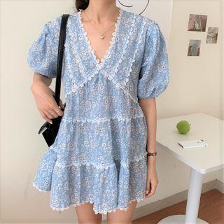 Short-sleeve Floral Print Mini A-line Dress Sky Blue - One Size