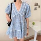 Short-sleeve Floral Print Mini A-line Dress Sky Blue - One Size