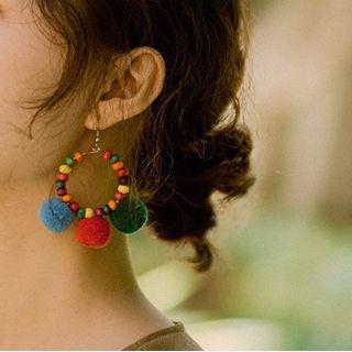 Pom Pom Wooden Bead Hoop Dangle Earring 1 Pair - Blue & Red & Green - One Size