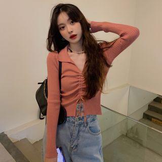Ribbed Drawstring Polo Knit Top