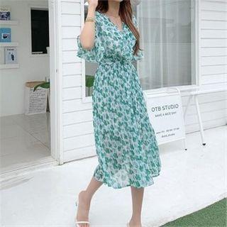 Ruffle-collar Crystal-pleat Floral Dress