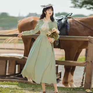 Long-sleeve Lace Mock-tie Midi A-line Dress