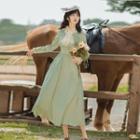 Long-sleeve Lace Mock-tie Midi A-line Dress