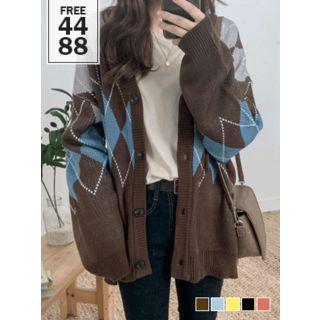 V-neck Oversized Argyle Knit Cardigan