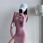 Long-sleeve Cutout Slit Midi Sheath Dress