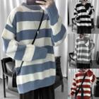 Mock-neck Oversize Striped Knit Sweater