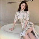 Short-sleeve Floral Print Slit-hem Midi Qipao Dress