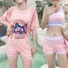 Set: Color Panel Tankini + Elbow-sleeve Printed T-shirt