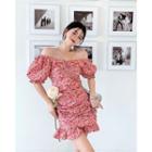 Short-sleeve Off-shoulder Floral Print Slim-fit Mini Dress