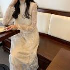 Mock Neck Long-sleeve Midi Lace Dress As Shown In Figure - One Size