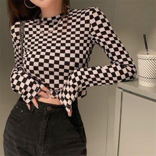Long-sleeve Mock-neck Check Crop Top