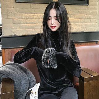Furry Trim Mock Neck Long Sleeve Velvet T-shirt