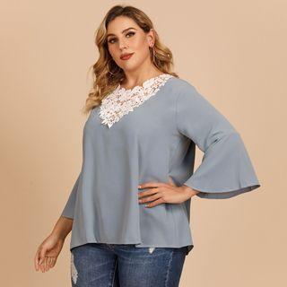 Bell Sleeve Lace-panel V-neck Top