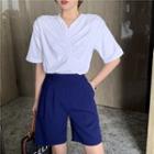 V-neck Ruched Short-sleeve Top / High-waist Wide-leg Dress Shorts