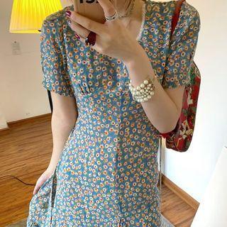 Floral V-neck Slit Dress Blue - One Size