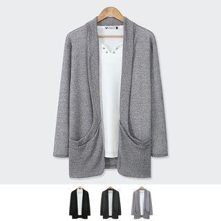 Draped-pocket Shawl-collar Open-front Cardigan