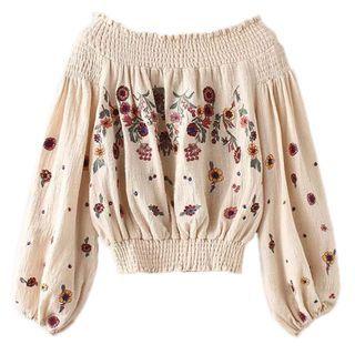 Long-sleeve Off-shoulder Flower Embroidered Top