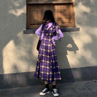 Turtleneck Long-sleeve Top / Sleeveless Maxi Plaid Dress