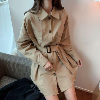 Long-sleeve Belt Single-breasted Jacket Almond - One Size
