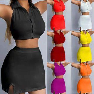 Set: Collar Halter Crop Tank Top + Mini Pencil Skirt