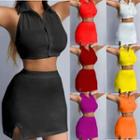 Set: Collar Halter Crop Tank Top + Mini Pencil Skirt