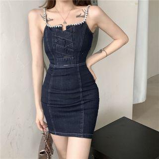 Spaghetti Strap Embellished Denim Mini Bodycon Dress