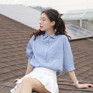 Elbow-sleeve Striped Shirt Blue - One Size