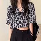 Short-sleeve Leopard Print Cropped Blouse Gray & Black - One Size