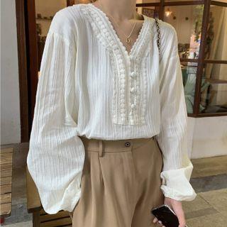 Lace Trim Plain Long-sleeve Shirt
