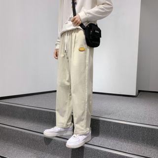 High-waist Applique Drawstring Corduroy Pants