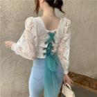 Long-sleeve Two Tone Tied Lace Blouse White - One Size