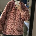 Leopard Print Fleece Hooded Jacket Leopard - Pink - One Size