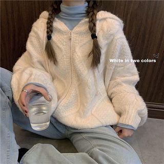 Plain Loose-fit Long-sleeve Long-sleeve Zip Cable-knit Jacket