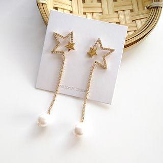 Faux Pearl Alloy Star Dangle Earring 1 Pair - S925 Silver - Stud Earring - Star - Gold - One Size