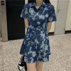 Short-sleeve Tie Dye Denim Collared Mini A-line Dress
