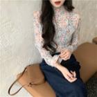 Floral Print Long Sleeve Mock Neck Top As Shown In Figure - One Size