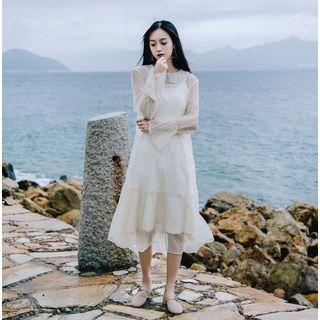 Set: Long-sleeve Midi A-line Mesh Dress + Slipdress