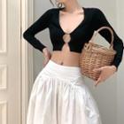 Long-sleeve Cutout Crop T-shirt / Low Rise A-line Skirt