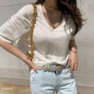 V-neck Linen T-shirt Ivory - One Size