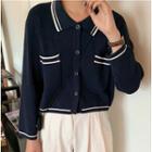 Polo Collar Striped Cardigan Navy Blue - One Size