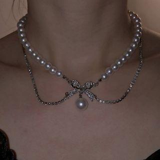 Faux Pearl Pendant Rhinestone Layered Alloy Necklace / Earring