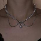 Faux Pearl Pendant Rhinestone Layered Alloy Necklace / Earring