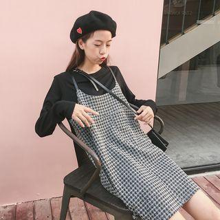 Set: Long-sleeve T-shirt + Houndstooth Pinafore Dress