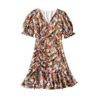 Floral Puff-sleeve V-neck Drawstring Mini A-line Dress