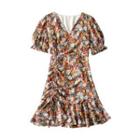 Floral Puff-sleeve V-neck Drawstring Mini A-line Dress